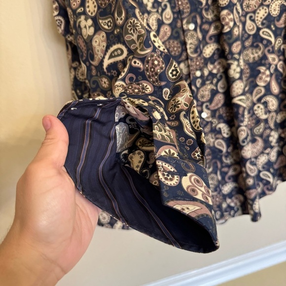 Neiman Marcus Shirt Size XXL Blue Tan Paisley Contrast Cuff Long Sleeve - Picture 9 of 16